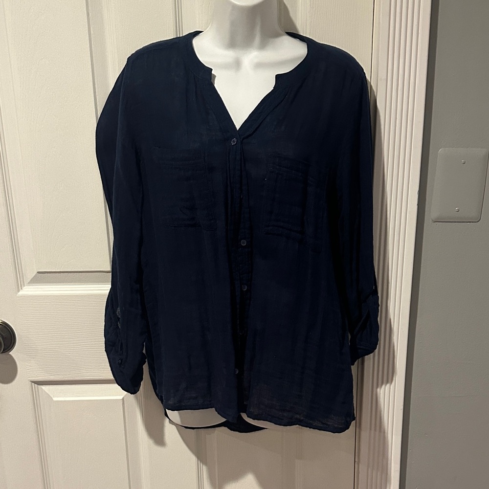 Women's Navy Linen Button Down Shirt